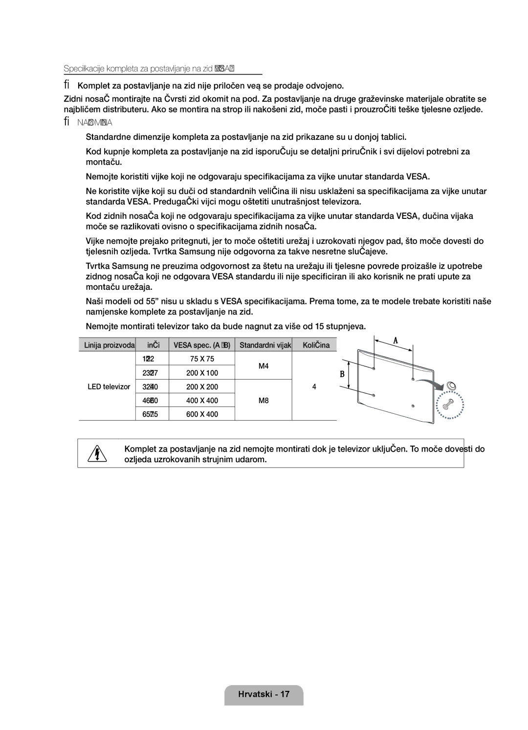 Samsung UE46D7000LSXZF manual Linija proizvoda, Vesa spec. a * B Standardni vijak, 19~22 75 X 23~27 200 X, LED televizor 