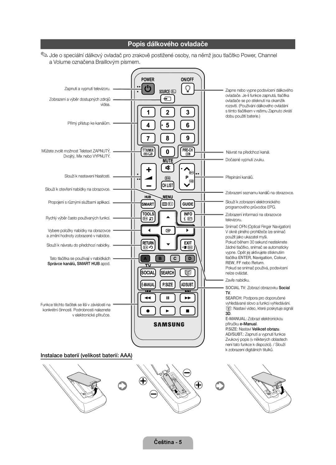 Samsung UE55D7000LSXXH, UE40D7000LSXXH, UE46D7000LSXXH, UE55D7000LSXZF, UE46D7000LSXZF manual Popis dálkového ovladače 