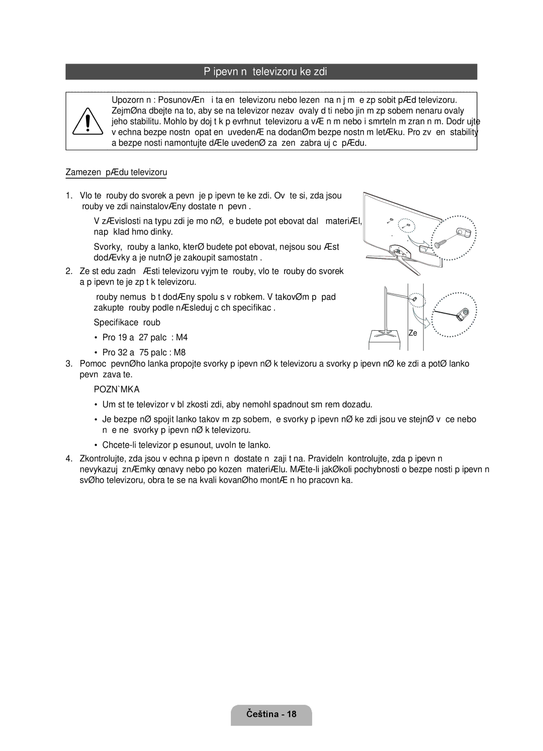 Samsung UE40D7000LSXXH, UE46D7000LSXXH, UE55D7000LSXXH, UE55D7000LSXZF, UE46D7000LSXZF manual Připevnění televizoru ke zdi, Zeď 