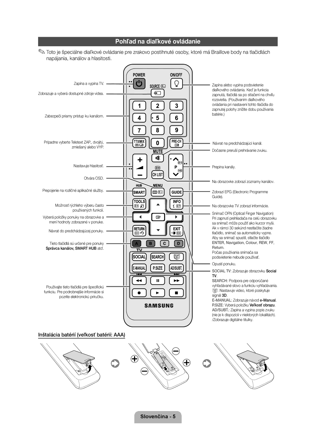 Samsung UE55D7000LSXXH, UE40D7000LSXXH, UE46D7000LSXXH Pohľad na diaľkové ovládanie, Inštalácia batérií veľkosť batérií AAA 