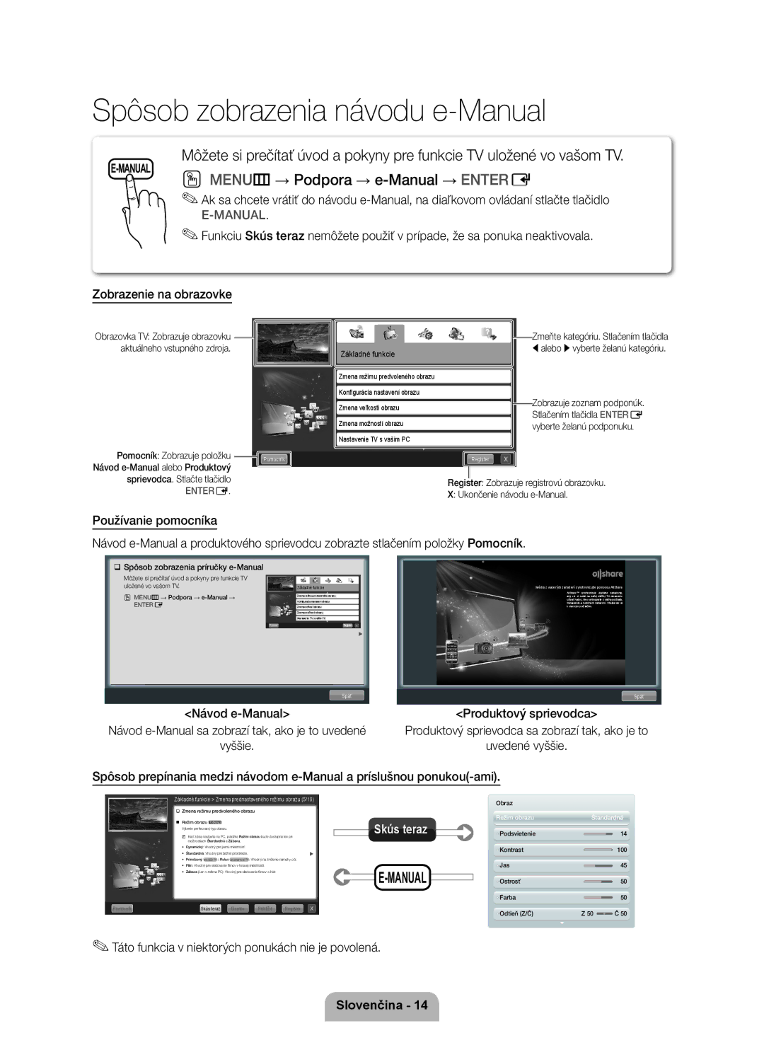 Samsung UE46D7000LSXXH, UE40D7000LSXXH Menu m → Podpora → e-Manual → Enter E, Používanie pomocníka, Produktový sprievodca 