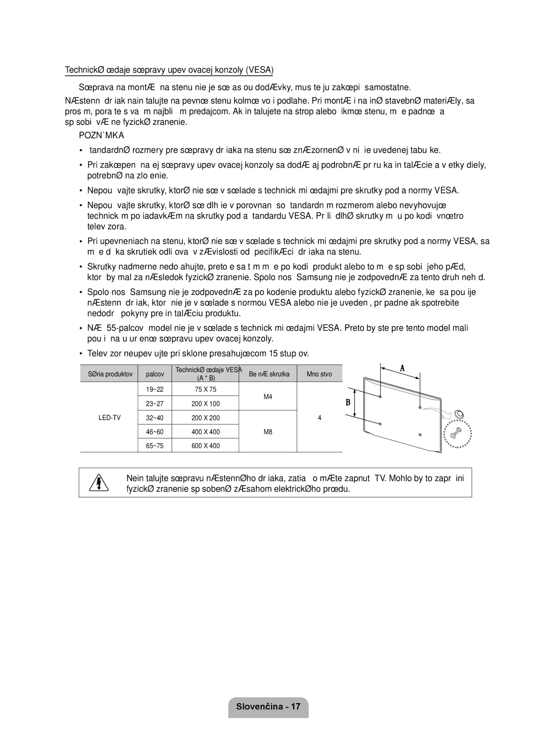 Samsung UE46D7000LSXZF, UE40D7000LSXXH manual Séria produktov Palcov, Bežná skrutka Množstvo 19~22, Technické údaje Vesa 