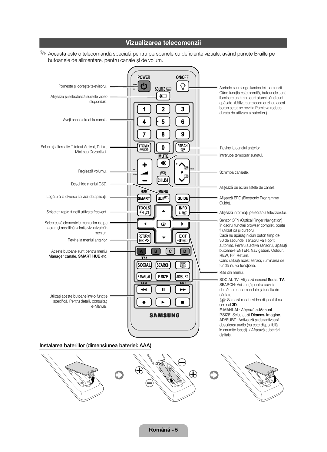 Samsung UE55D7000LSXXH, UE40D7000LSXXH manual Vizualizarea telecomenzii, Instalarea bateriilor dimensiunea bateriei AAA 