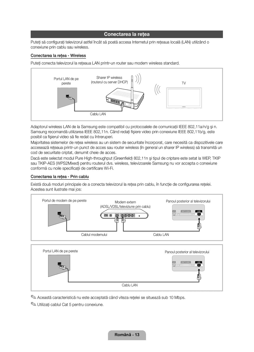 Samsung UE40D7000LSXXH manual Conectarea la reţea, Utilizaţi cablul Cat 5 pentru conexiune, Portul LAN de pe, Perete 