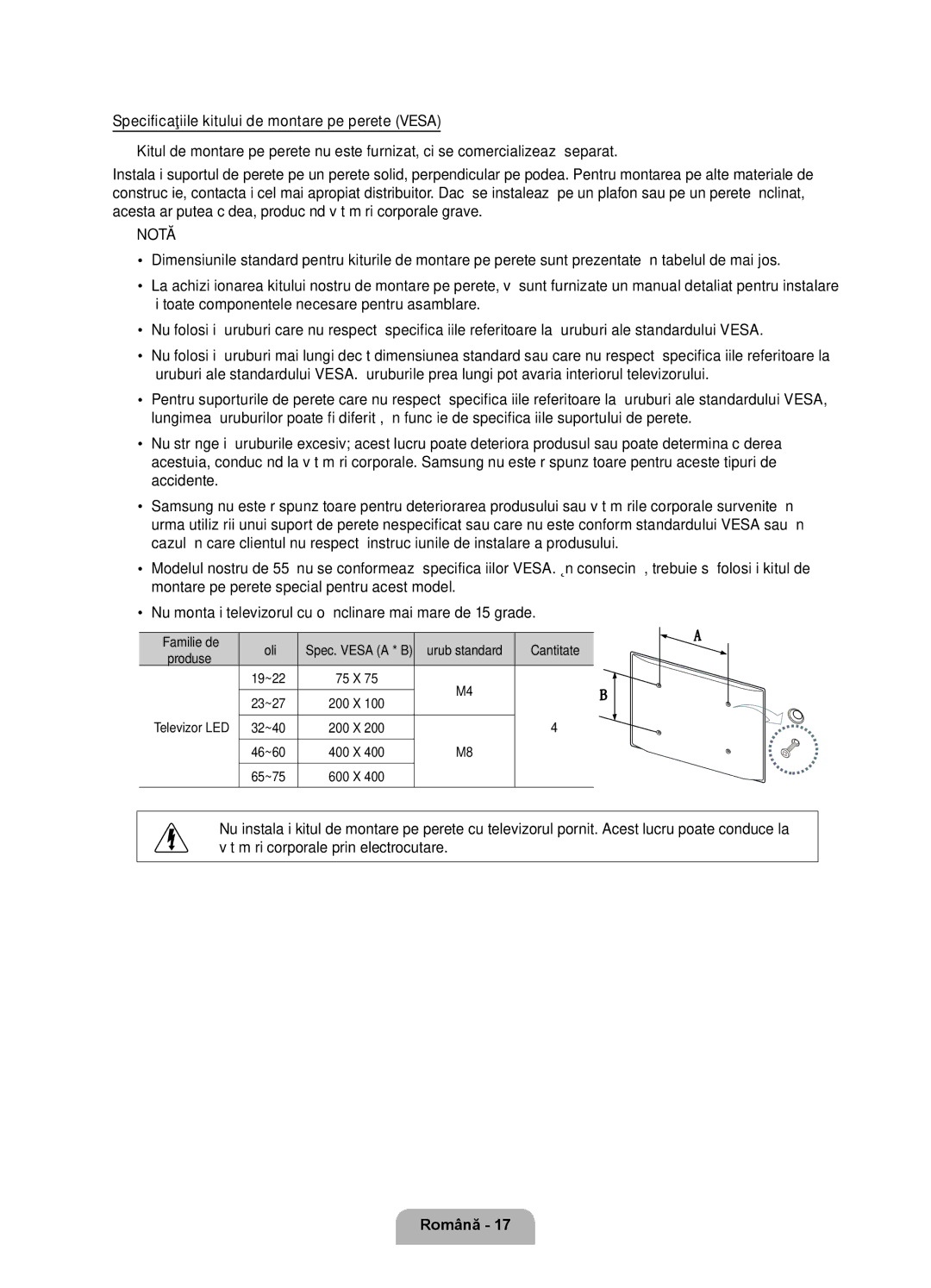 Samsung UE46D7000LSXZF, UE40D7000LSXXH, UE46D7000LSXXH, UE55D7000LSXXH, UE55D7000LSXZF manual Spec. Vesa a * B, Produse 