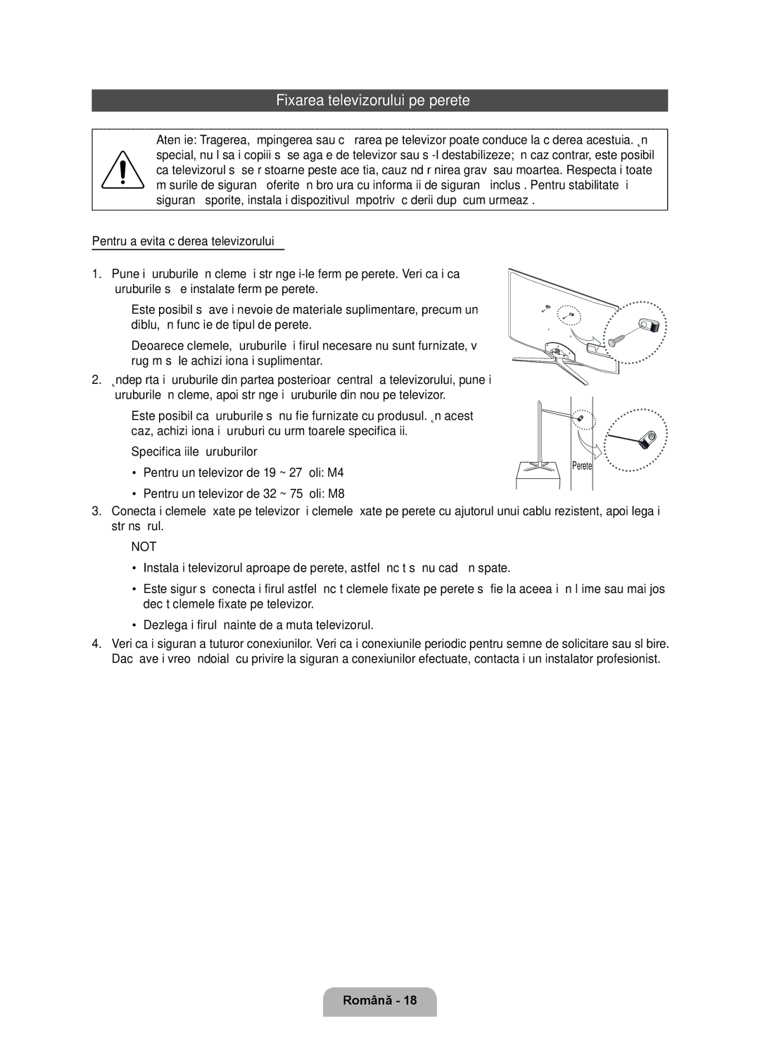 Samsung UE40D7000LSXXH, UE46D7000LSXXH, UE55D7000LSXXH, UE55D7000LSXZF, UE46D7000LSXZF manual Fixarea televizorului pe perete 