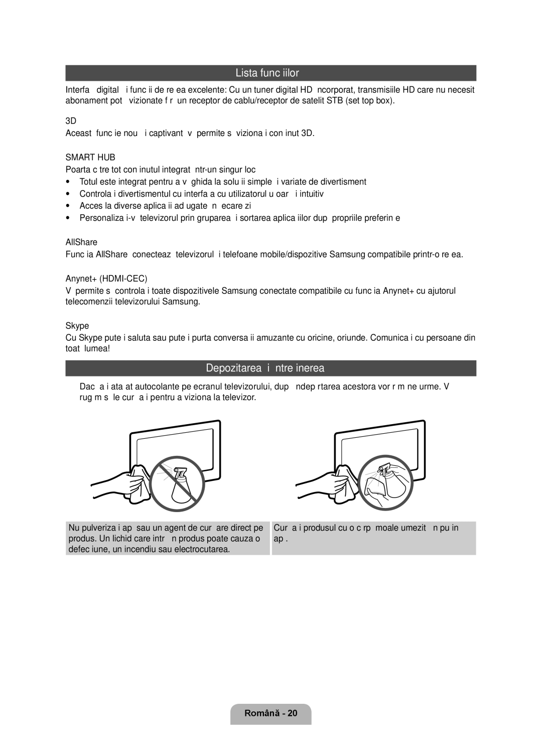 Samsung UE55D7000LSXXH, UE40D7000LSXXH, UE46D7000LSXXH, UE55D7000LSXZF manual Lista funcţiilor, Depozitarea şi întreţinerea 