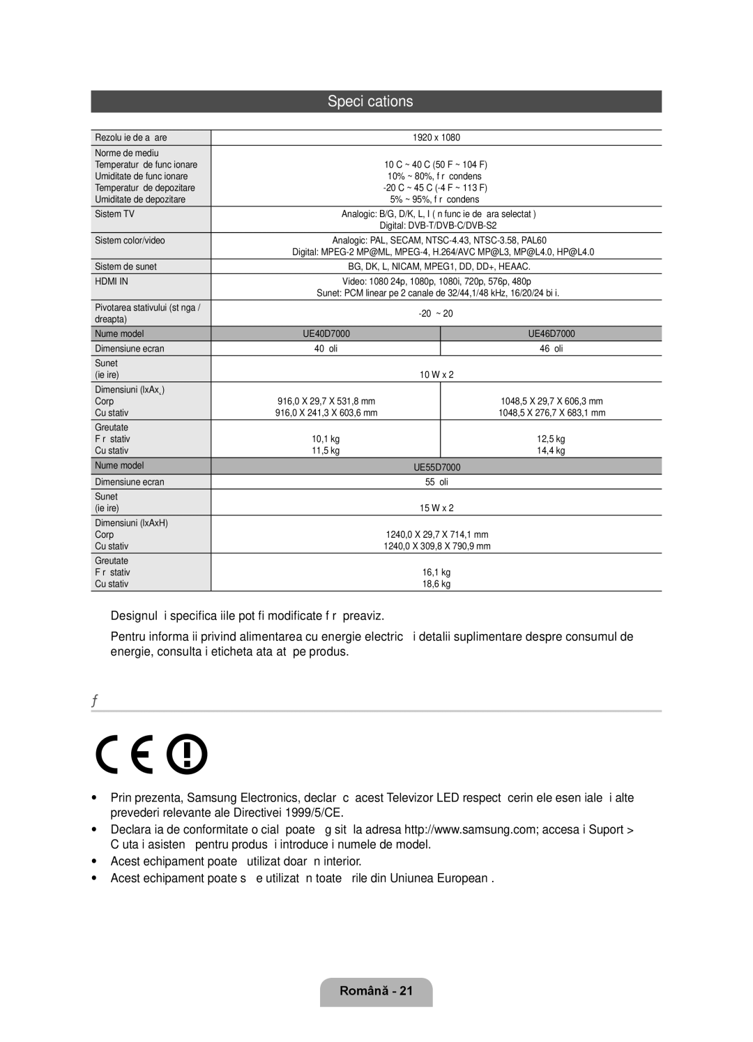 Samsung UE55D7000LSXZF, UE40D7000LSXXH, UE46D7000LSXXH Recomandare Doar pentru Uniunea Europeană, Din Uniunea Europeană 