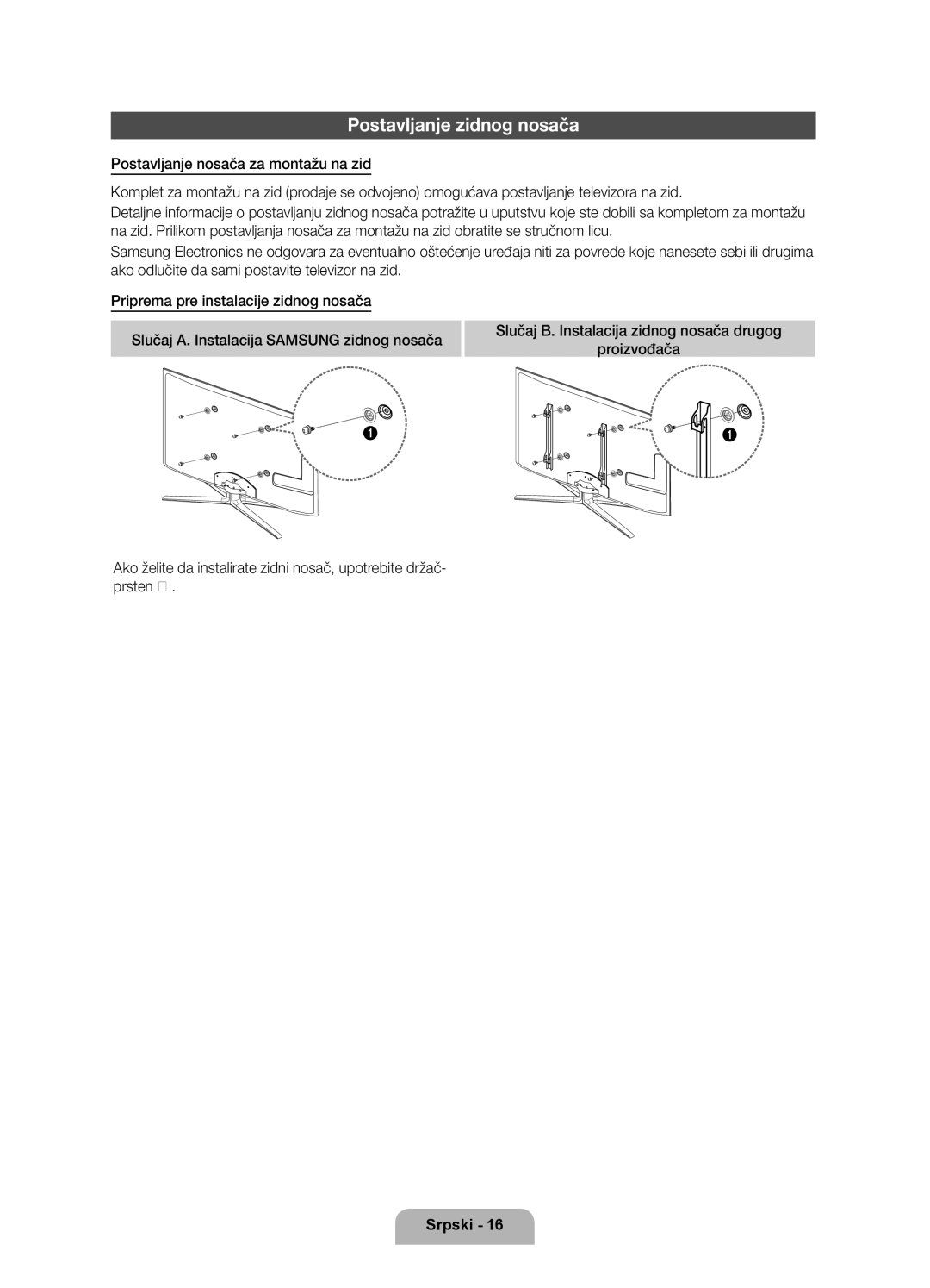 Samsung UE55D7000LSXZF, UE40D7000LSXXH, UE46D7000LSXXH, UE55D7000LSXXH, UE46D7000LSXZF manual Postavljanje zidnog nosača 