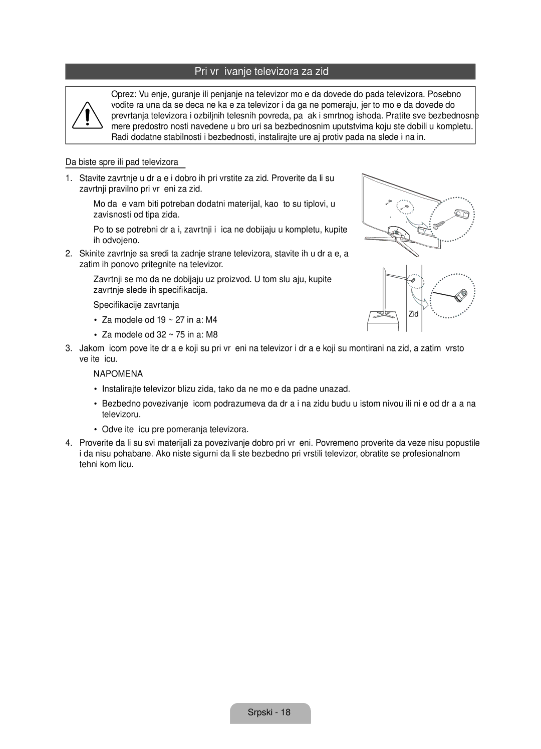 Samsung UE40D7000LSXXH, UE46D7000LSXXH, UE55D7000LSXXH, UE55D7000LSXZF, UE46D7000LSXZF manual Pričvršćivanje televizora za zid 