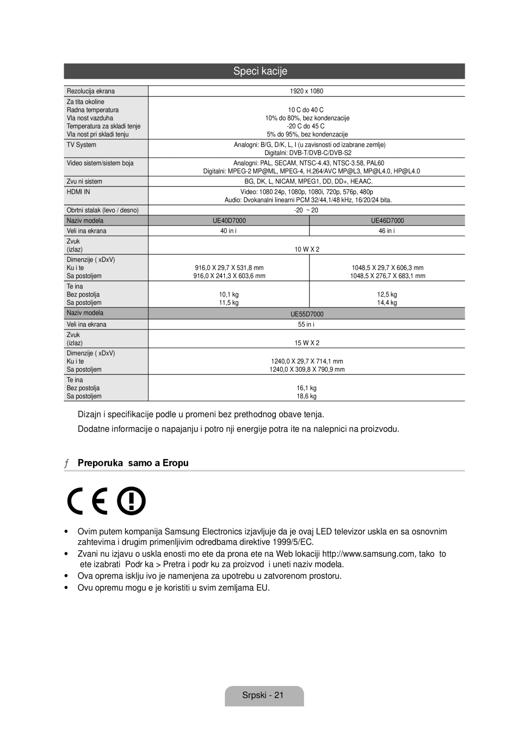 Samsung UE55D7000LSXZF, UE40D7000LSXXH, UE46D7000LSXXH, UE55D7000LSXXH, UE46D7000LSXZF manual Preporuka samo za Evropu 