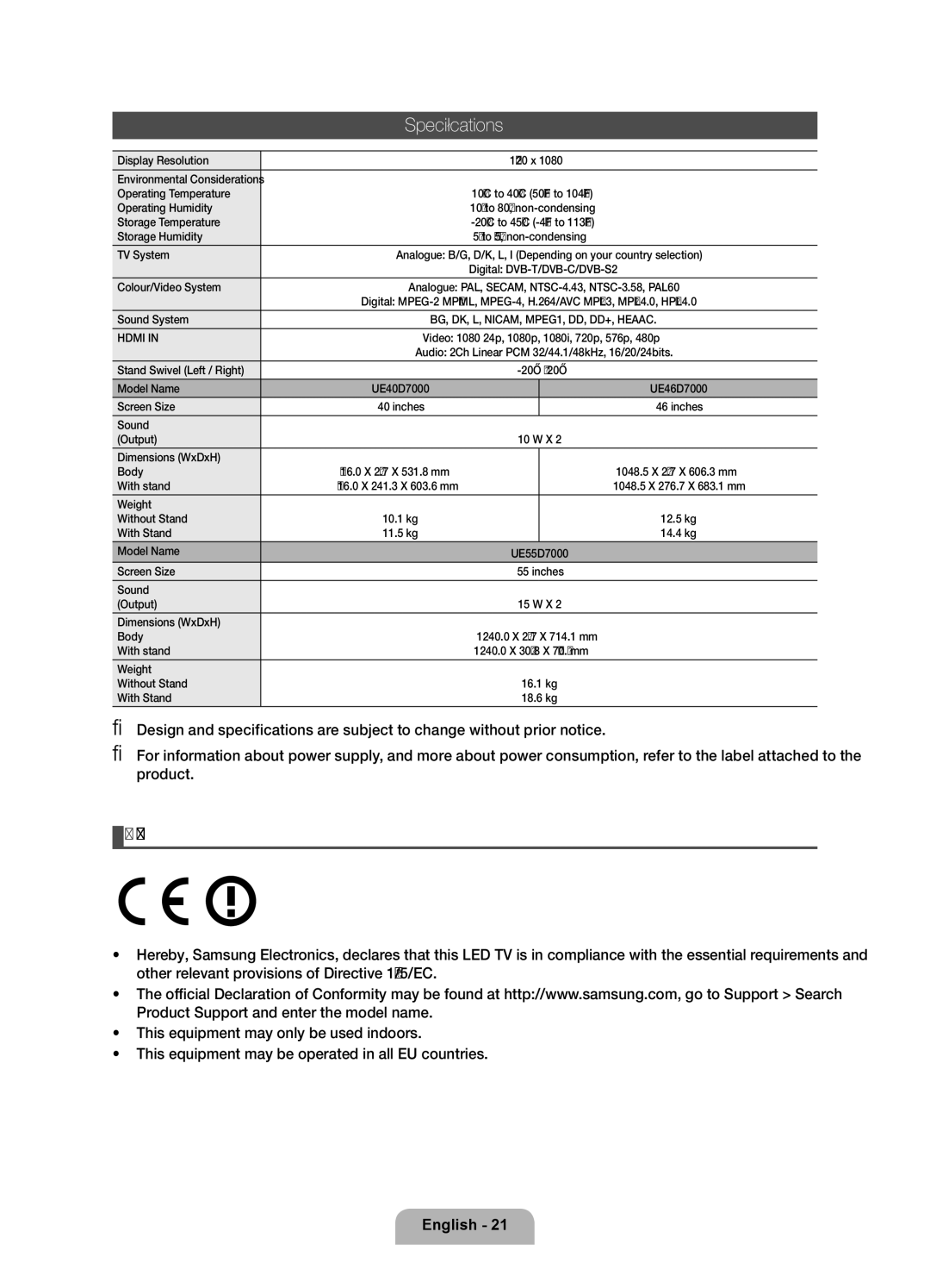 Samsung UE46D7000LSXXH, UE40D7000LSXXH, UE55D7000LSXXH, UE55D7000LSXZF, UE46D7000LSXZF Specifications, Recommendation EU Only 