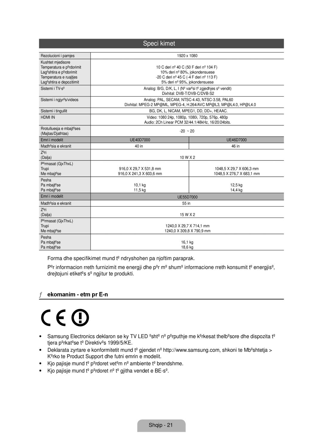 Samsung UE55D7000LSXZF, UE40D7000LSXXH, UE46D7000LSXXH, UE55D7000LSXXH manual Specifikimet, Rekomandim vetëm për BE-në 