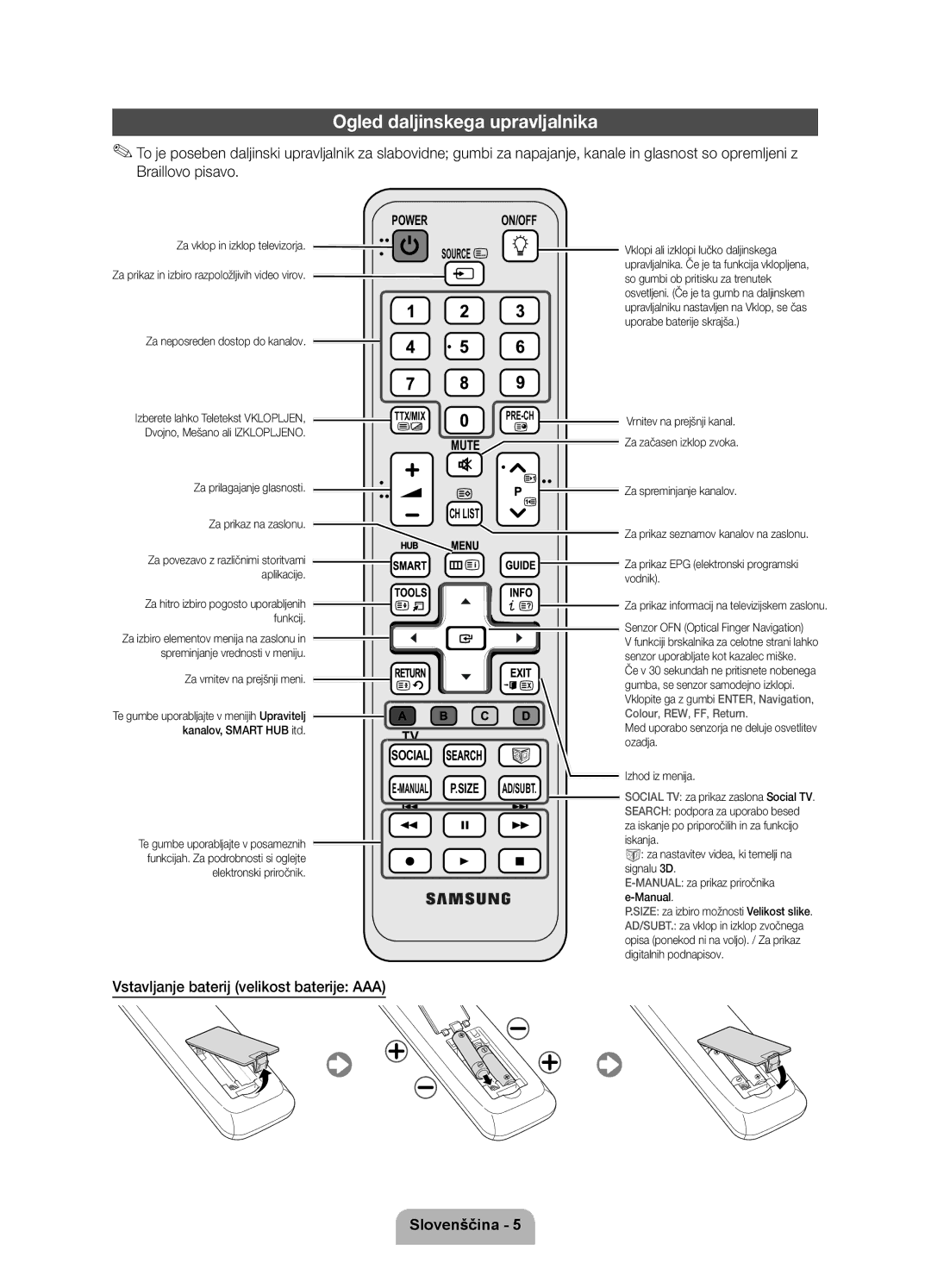 Samsung UE55D7000LSXXH, UE40D7000LSXXH manual Ogled daljinskega upravljalnika, Vstavljanje baterij velikost baterije AAA 