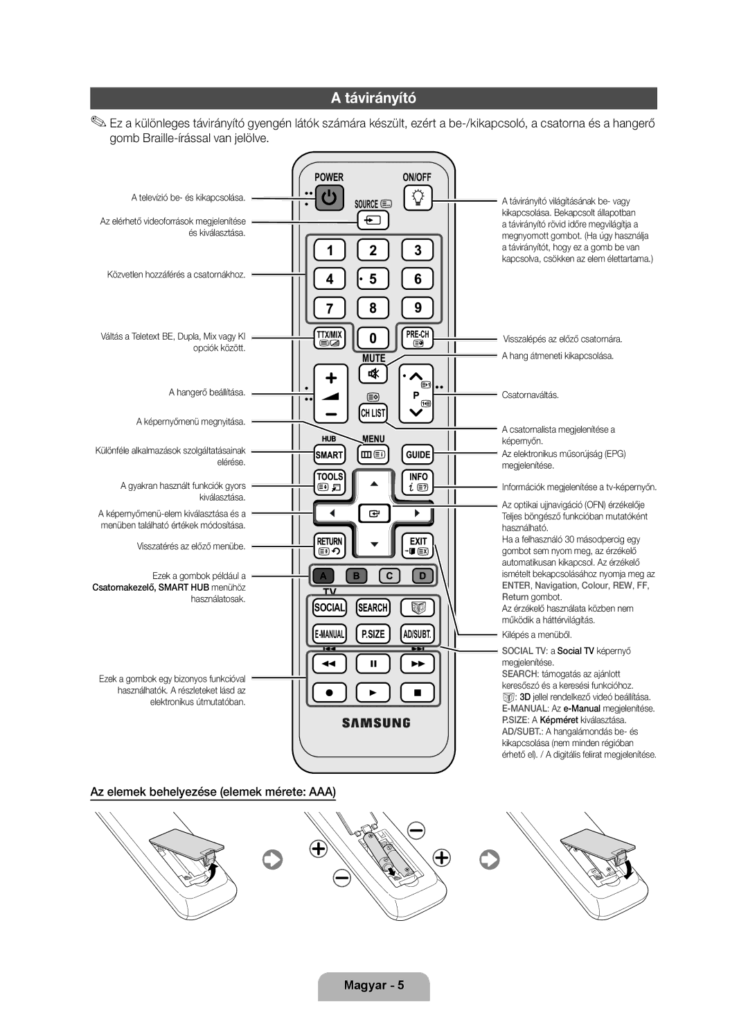 Samsung UE40D7000LSXXH, UE46D7000LSXXH, UE55D7000LSXXH, UE55D7000LSXZF Távirányító, Az elemek behelyezése elemek mérete AAA 