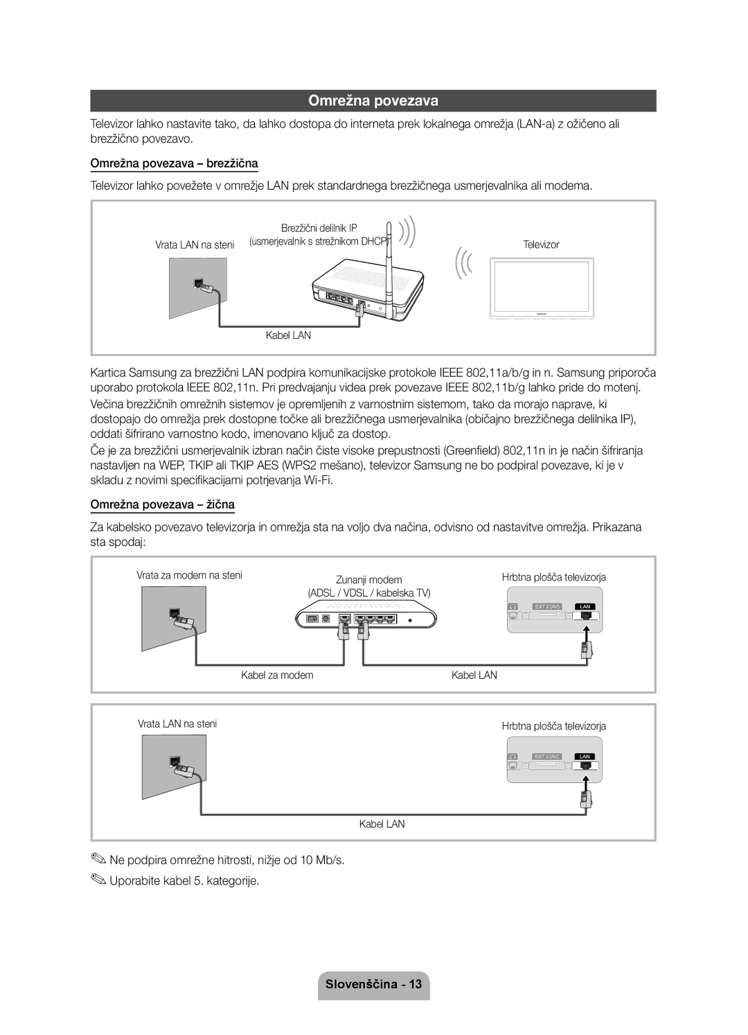 Samsung UE40D7000LSXXH, UE46D7000LSXXH, UE55D7000LSXXH manual Omrežna povezava, Uporabite kabel 5. kategorije, Zunanji modem 