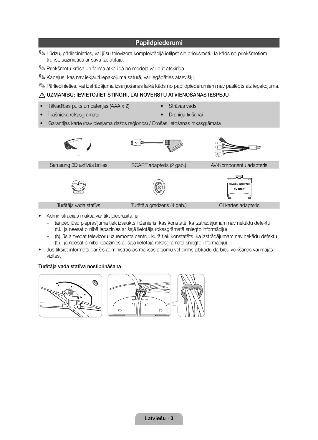 Samsung UE40D7000LSXXH, UE46D7000LSXXH, UE55D7000LSXXH manual Papildpiederumi, Turētāja vada statīvs Turētāja gredzens 4 gab 