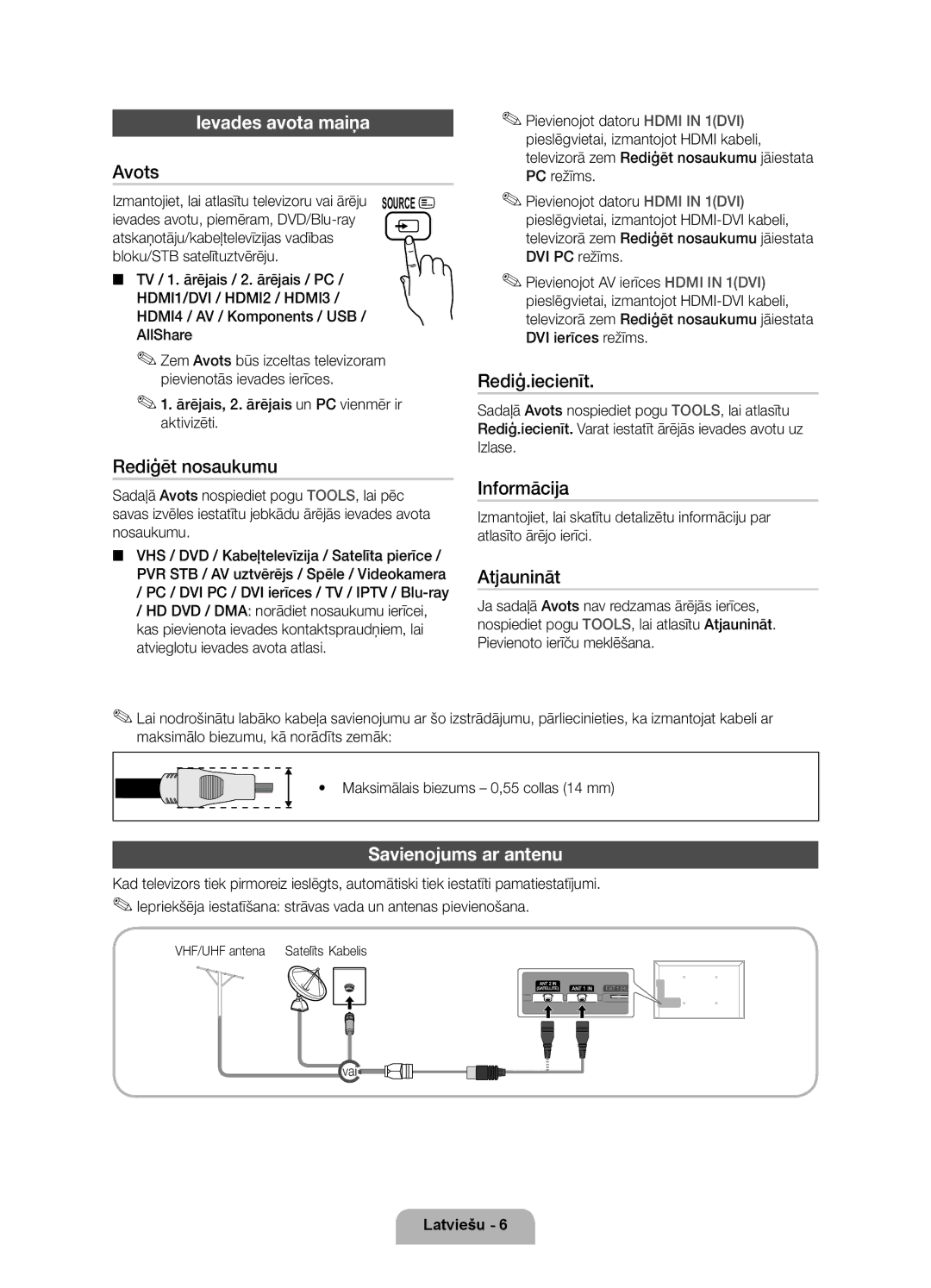 Samsung UE55D7000LSXZF, UE40D7000LSXXH, UE46D7000LSXXH, UE55D7000LSXXH manual Ievades avota maiņa, Savienojums ar antenu 