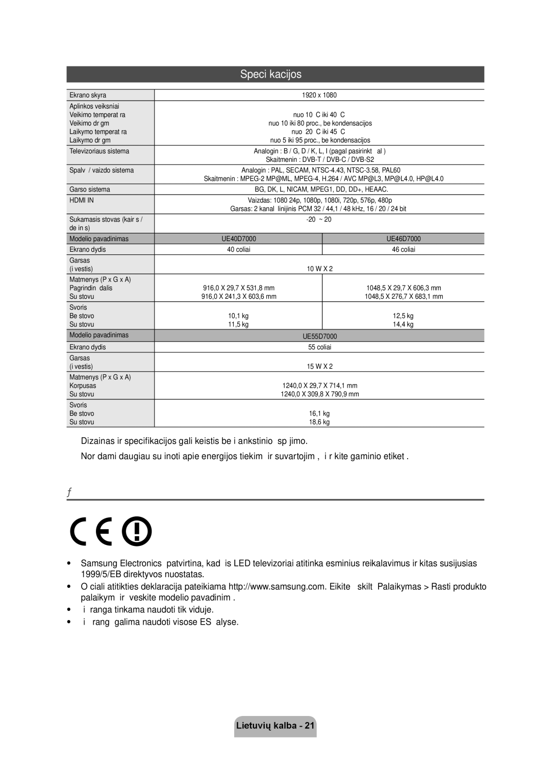 Samsung UE55D7000LSXZF, UE40D7000LSXXH, UE46D7000LSXXH, UE55D7000LSXXH, UE46D7000LSXZF Specifikacijos, Rekomendacija tik ES 