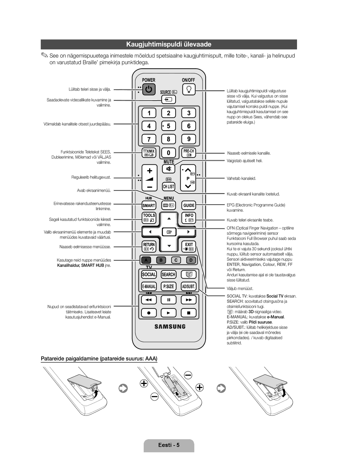 Samsung UE55D7000LSXXH, UE40D7000LSXXH manual Kaugjuhtimispuldi ülevaade, Patareide paigaldamine patareide suurus AAA 