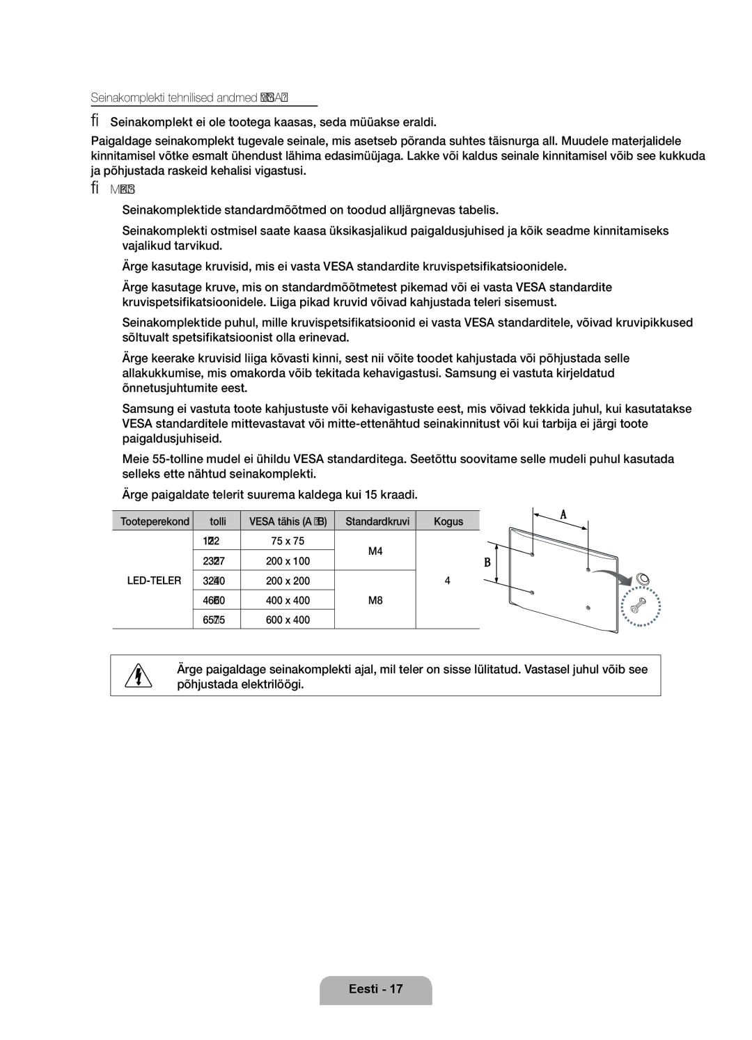 Samsung UE46D7000LSXZF, UE40D7000LSXXH, UE46D7000LSXXH, UE55D7000LSXXH, UE55D7000LSXZF manual Tooteperekond, Vesa tähis a * B 