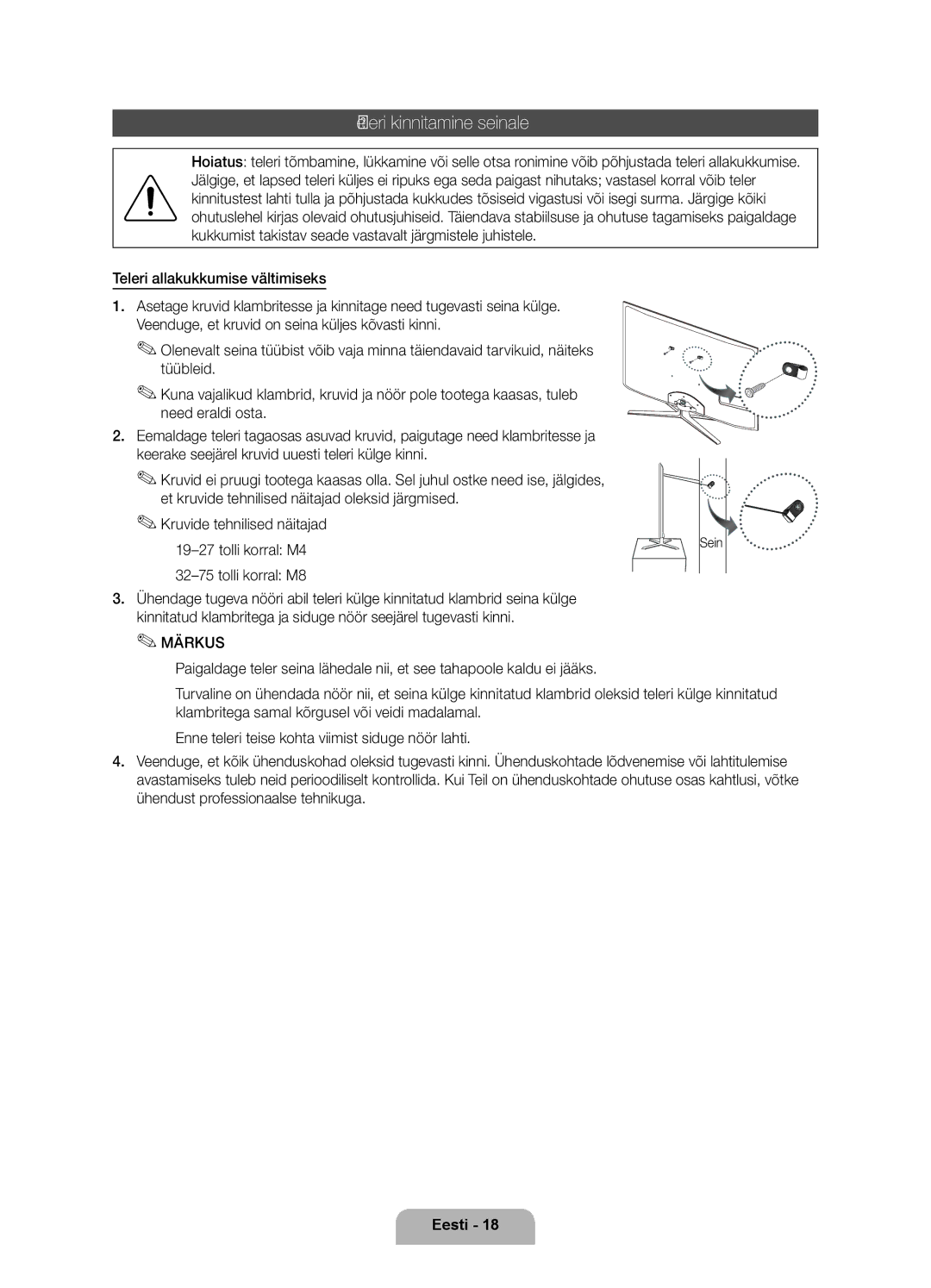 Samsung UE40D7000LSXXH, UE46D7000LSXXH, UE55D7000LSXXH manual Teleri kinnitamine seinale, Teleri allakukkumise vältimiseks 