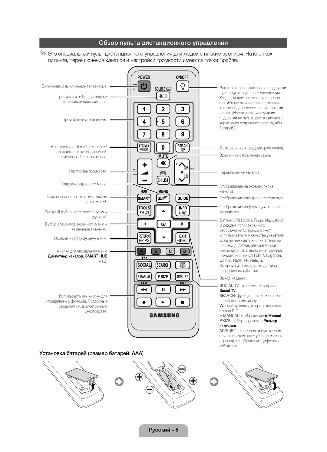 Samsung UE55D7000LSXXH, UE40D7000LSXXH manual Обзор пульта дистанционного управления, Установка батарей размер батарей AAA 