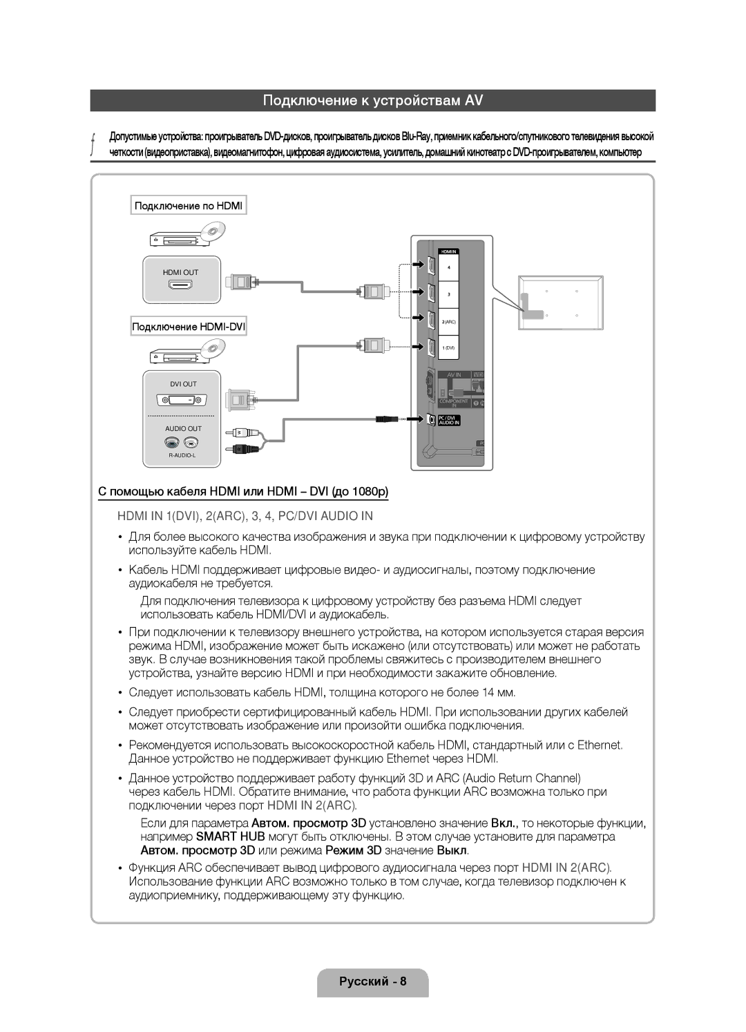 Samsung UE40D7000LSXXH, UE46D7000LSXXH manual Подключение к устройствам AV, Помощью кабеля Hdmi или Hdmi DVI до 1080p 