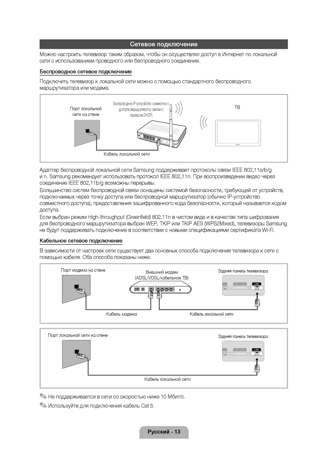 Samsung UE40D7000LSXXH, UE46D7000LSXXH, UE55D7000LSXXH manual Сетевое подключение, Используйте для подключения кабель Cat 