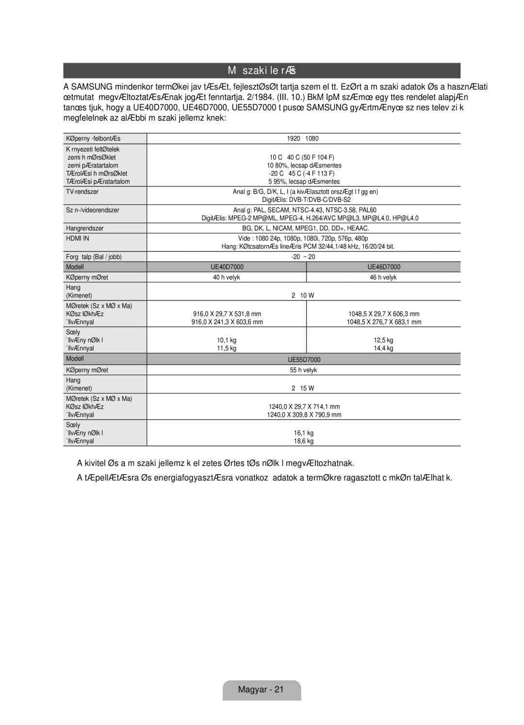 Samsung UE46D7000LSXXH, UE40D7000LSXXH, UE55D7000LSXXH, UE55D7000LSXZF, UE46D7000LSXZF manual Műszaki leírás 