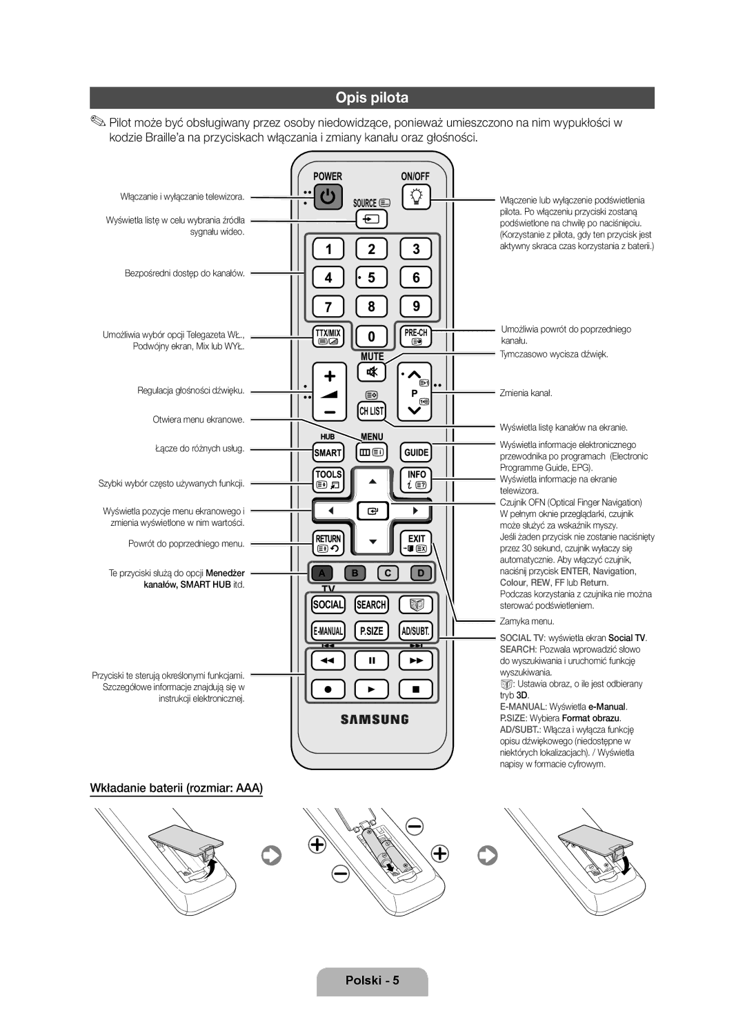 Samsung UE55D7000LSXXH, UE40D7000LSXXH, UE46D7000LSXXH, UE55D7000LSXZF manual Opis pilota, Wkładanie baterii rozmiar AAA 