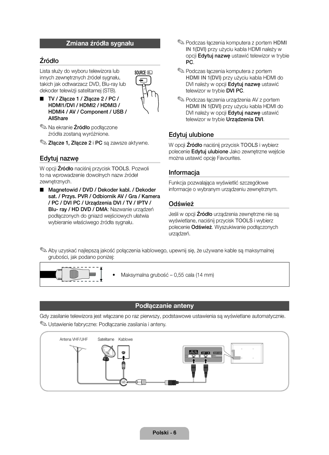 Samsung UE55D7000LSXZF, UE40D7000LSXXH, UE46D7000LSXXH, UE55D7000LSXXH manual Zmiana źródła sygnału, Podłączanie anteny 