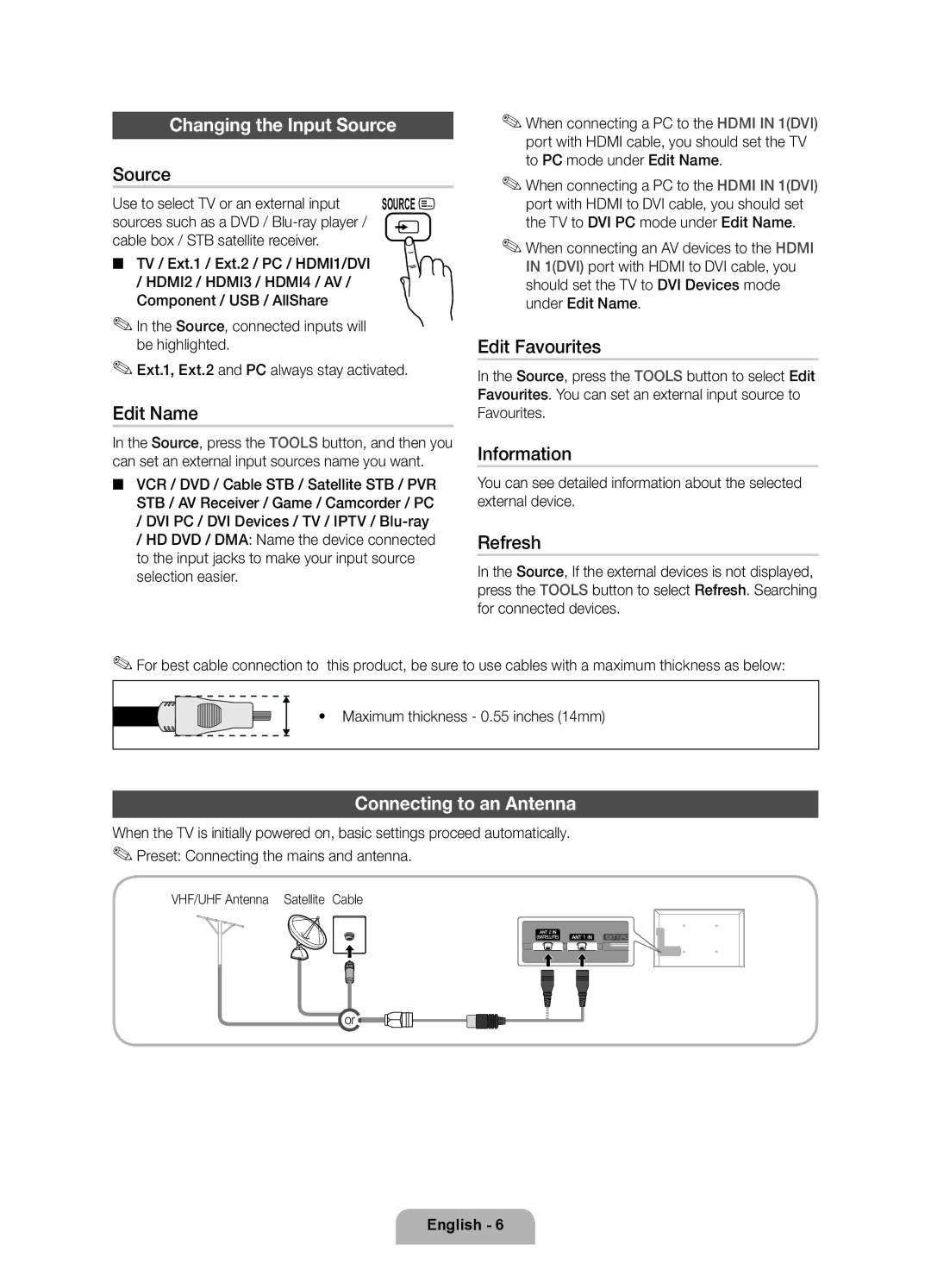 Samsung UE46D7000LSXXH, UE40D7000LSXXH, UE55D7000LSXXH, UE55D7000LSXZF Changing the Input Source, Connecting to an Antenna 