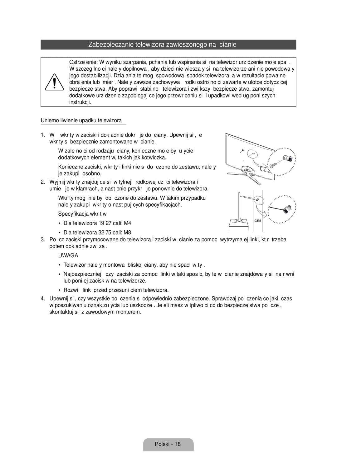 Samsung UE40D7000LSXXH, UE46D7000LSXXH, UE55D7000LSXXH manual Zabezpieczanie telewizora zawieszonego na ścianie, Ściana 