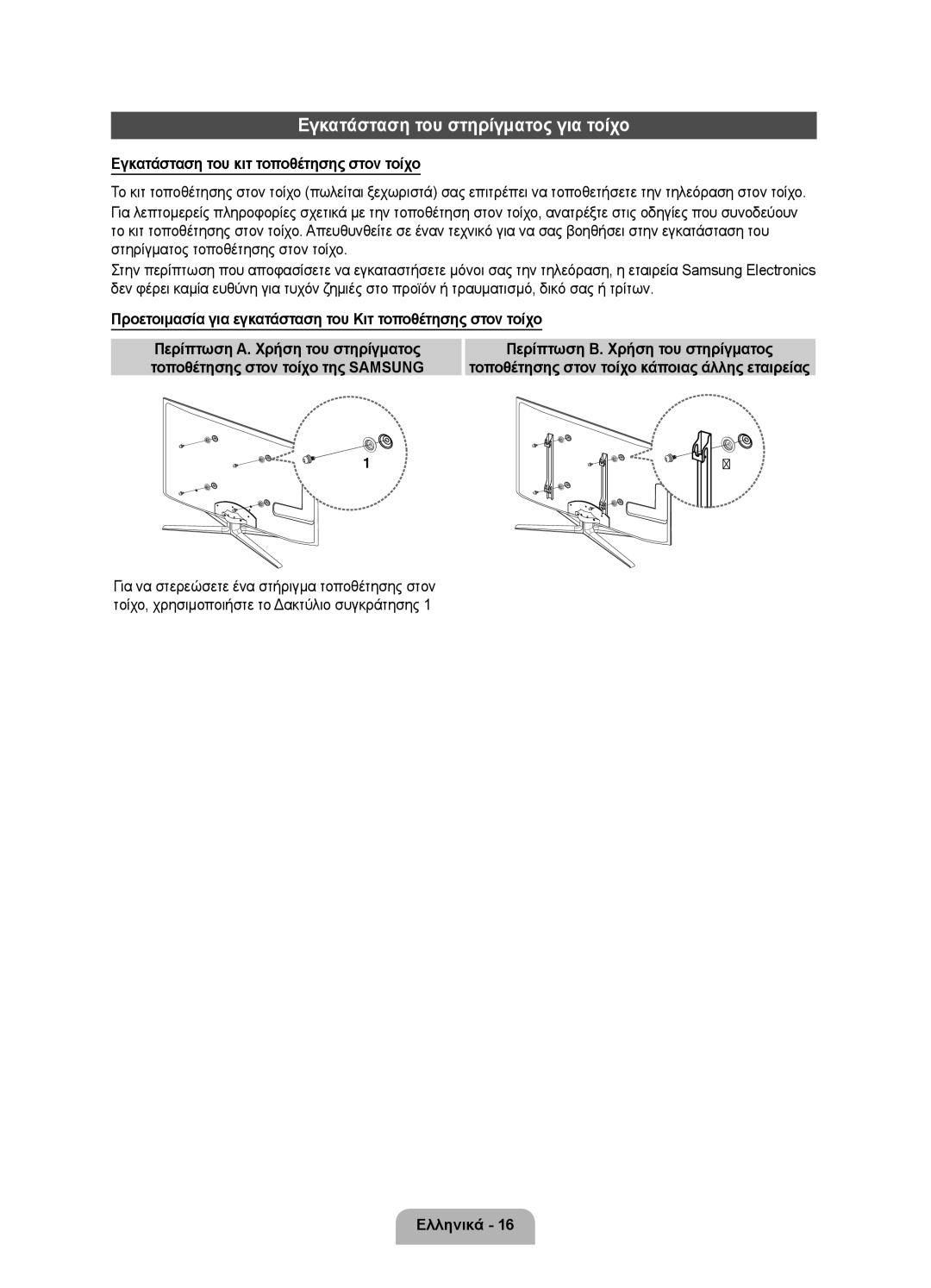 Samsung UE55D7000LSXZF, UE40D7000LSXXH Εγκατάσταση του στηρίγματος για τοίχο, Εγκατάσταση του κιτ τοποθέτησης στον τοίχο 