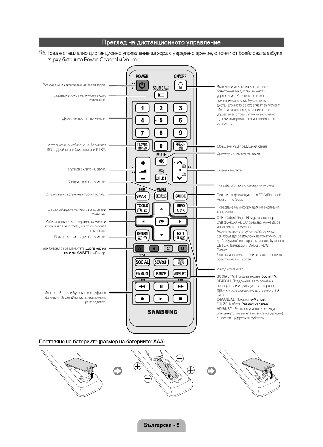 Samsung UE55D7000LSXXH manual Преглед на дистанционното управление, Поставяне на батериите размер на батериите AAA 