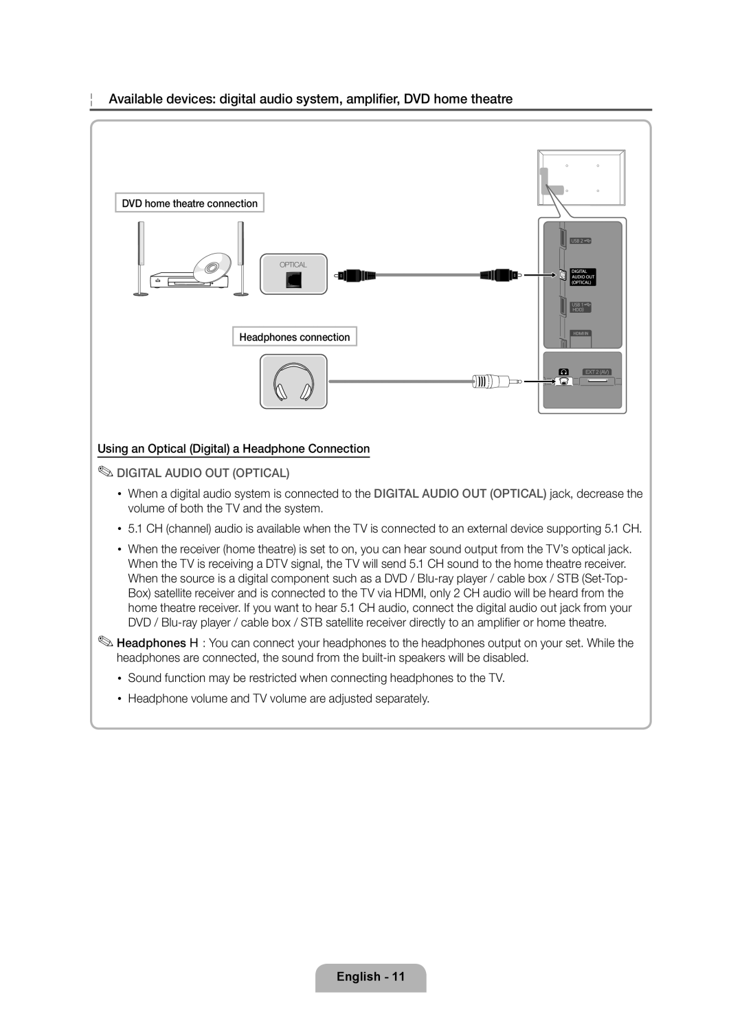 Samsung UE46D7000LSXZF, UE40D7000LSXZF manual Using an Optical Digital a Headphone Connection, Digital Audio OUT Optical 