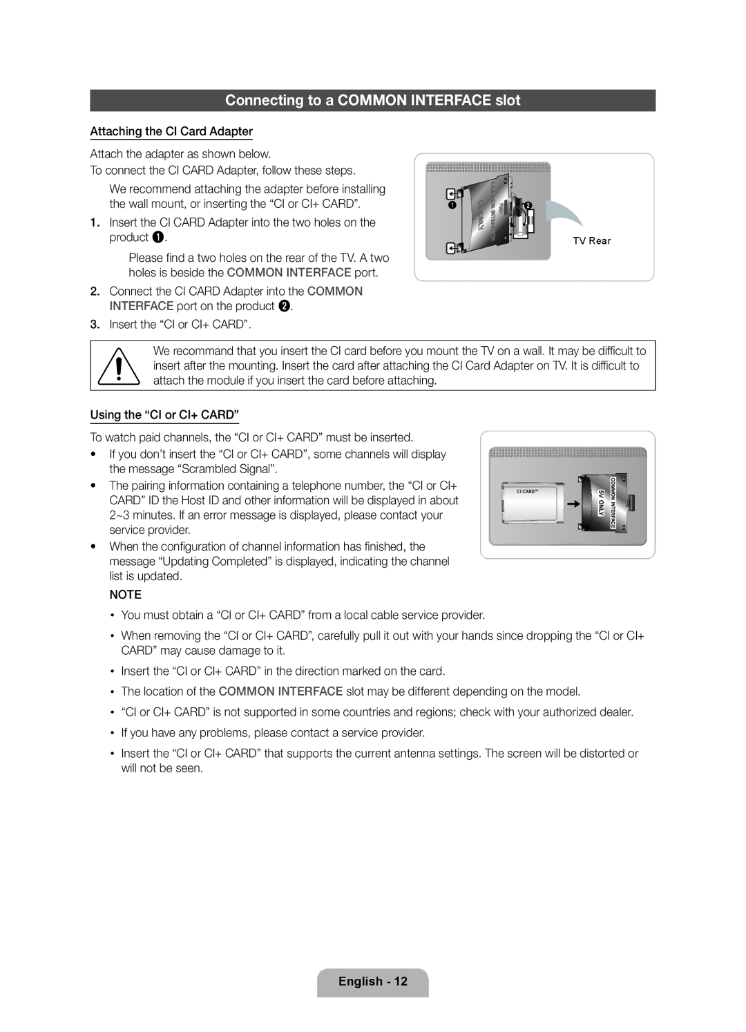 Samsung UE40D7000LSXZF Connecting to a Common Interface slot, Insert the CI Card Adapter into the two holes on the product 