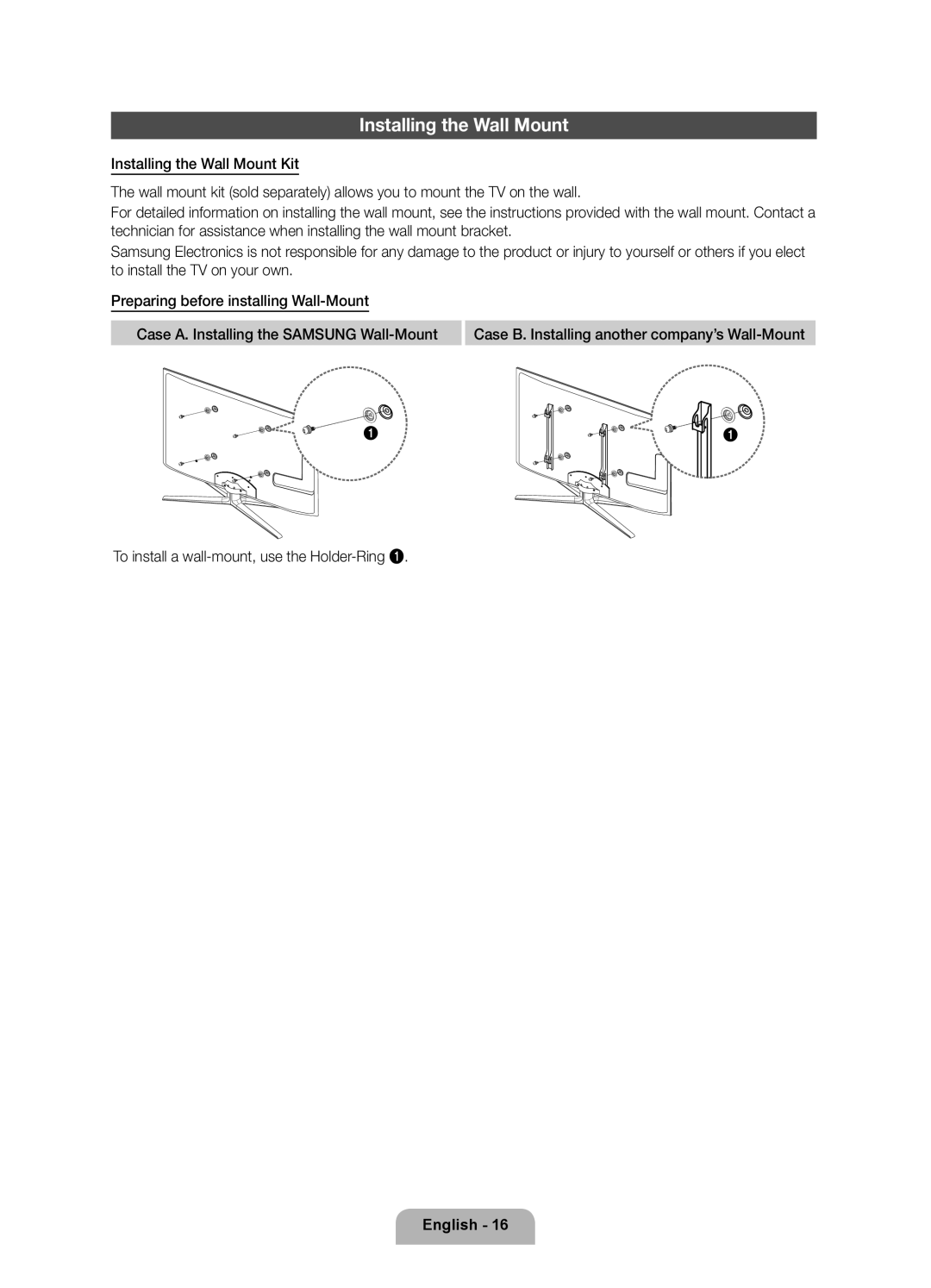 Samsung UE55D7000LSXZF, UE40D7000LSXZF, UE46D7000LSXZF manual Installing the Wall Mount 