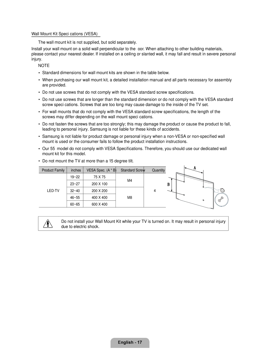 Samsung UE46D7000LSXZF, UE40D7000LSXZF, UE55D7000LSXZF manual Vesa Spec. a * B Standard Screw, 75 X, 200 X, 400 X, 600 X 