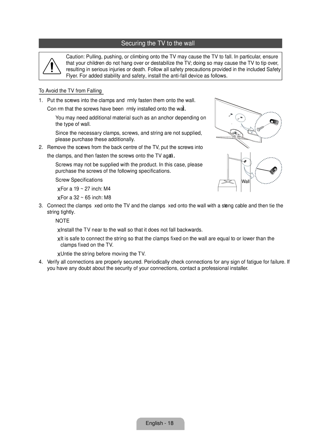 Samsung UE40D7000LSXZF, UE55D7000LSXZF, UE46D7000LSXZF manual Securing the TV to the wall, To Avoid the TV from Falling 