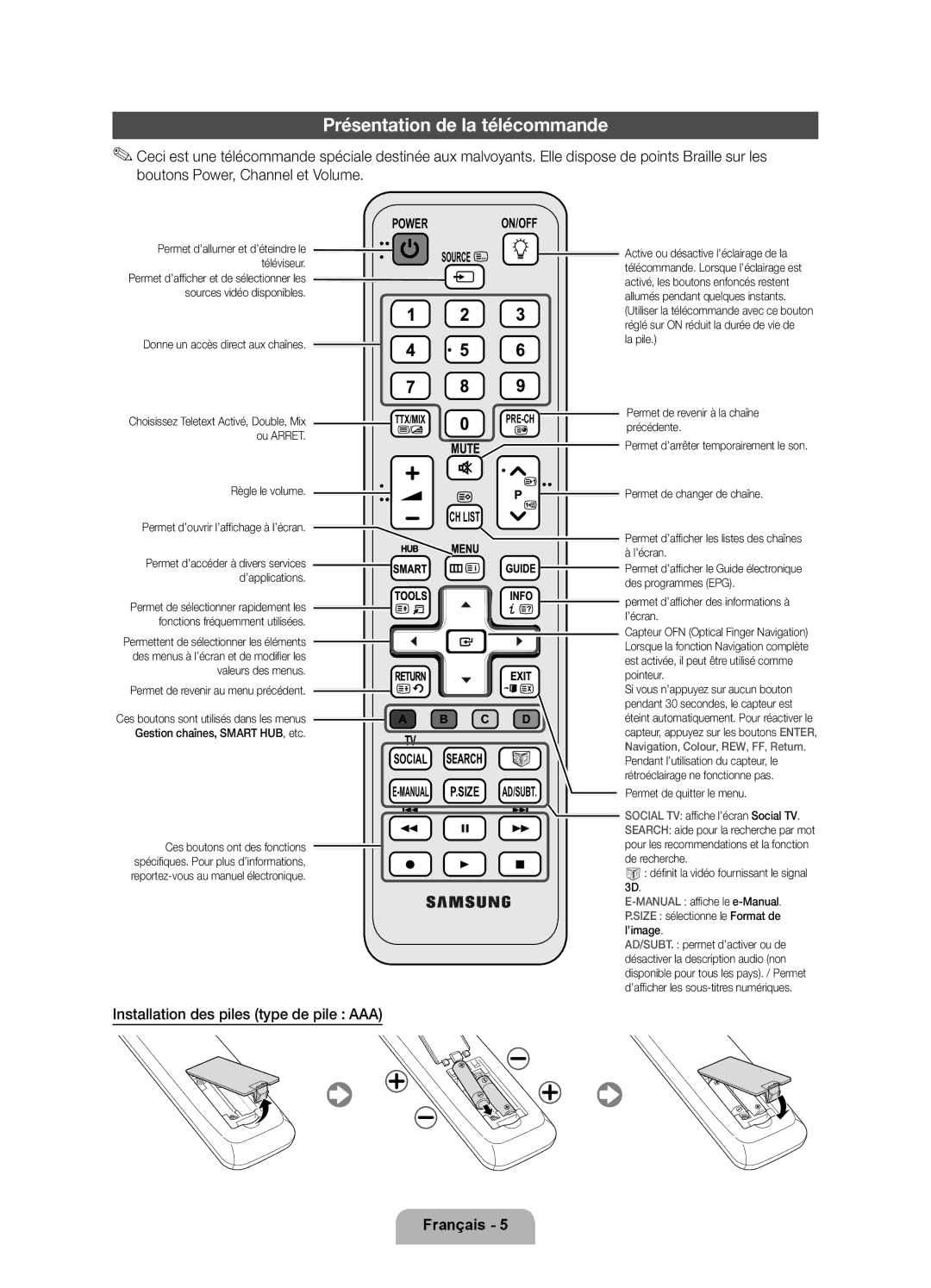 Samsung UE55D7000LSXZF, UE40D7000LSXZF manual Présentation de la télécommande, Installation des piles type de pile AAA 