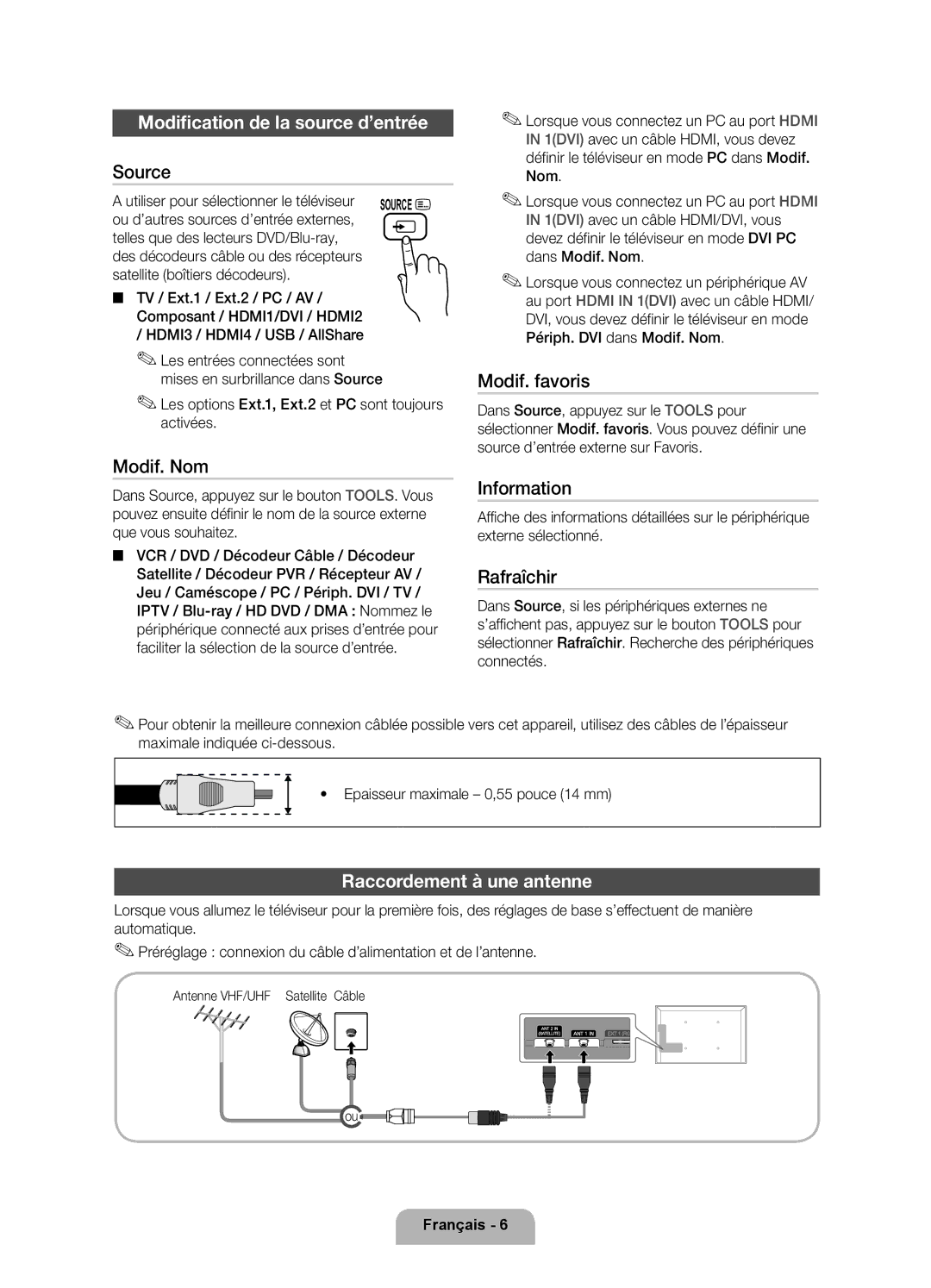 Samsung UE46D7000LSXZF, UE40D7000LSXZF manual Modification de la source d’entrée, Modif. Nom, Modif. favoris, Rafraîchir 