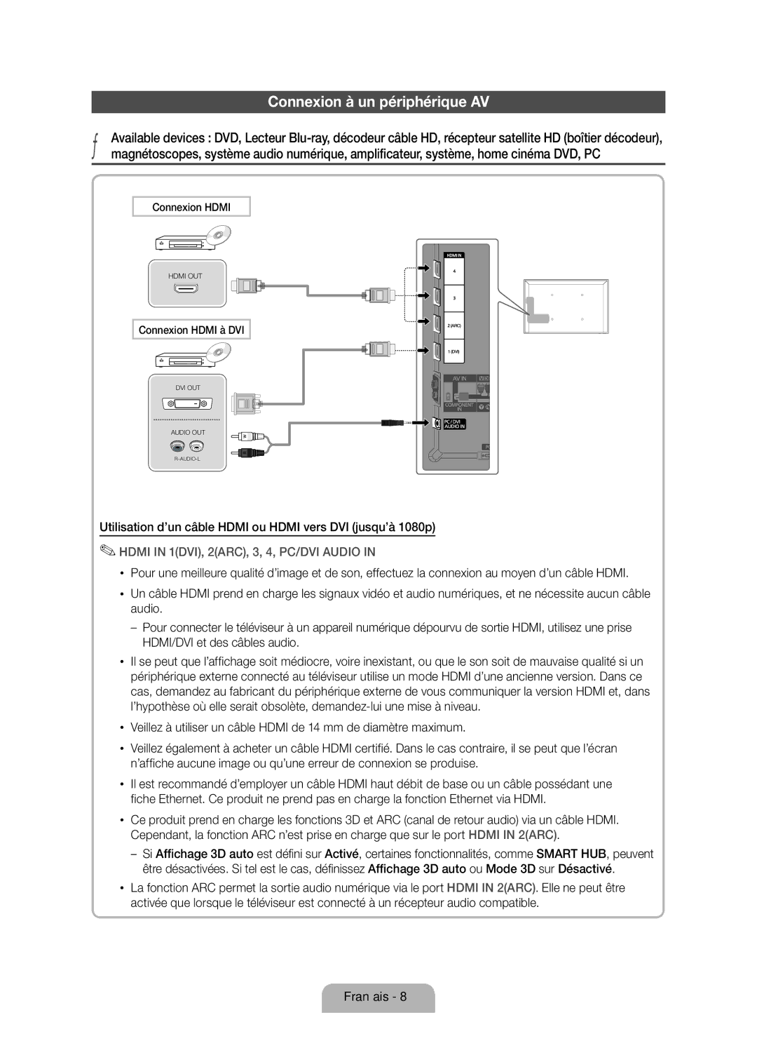 Samsung UE55D7000LSXZF manual Connexion à un périphérique AV, Utilisation d’un câble Hdmi ou Hdmi vers DVI jusqu’à 1080p 