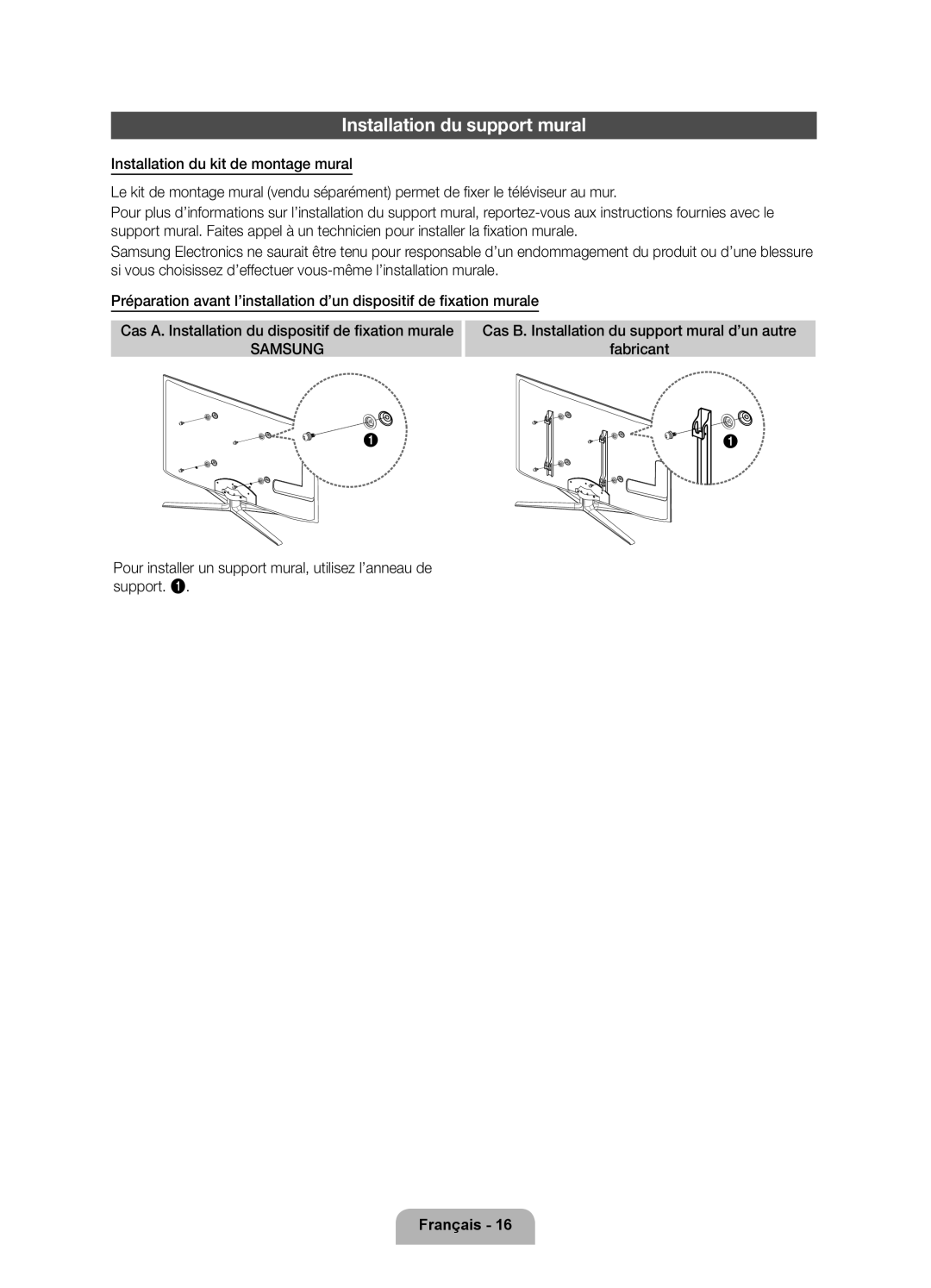 Samsung UE40D7000LSXZF, UE55D7000LSXZF, UE46D7000LSXZF manual Installation du support mural, Samsung 