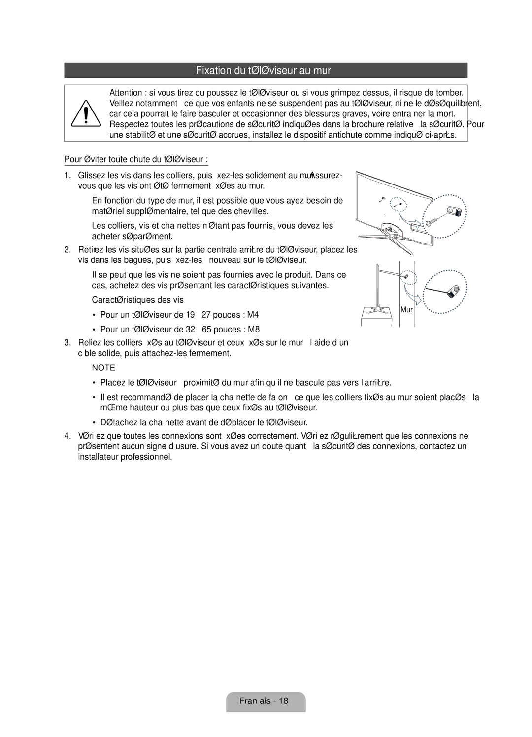 Samsung UE46D7000LSXZF, UE40D7000LSXZF, UE55D7000LSXZF manual Fixation du téléviseur au mur, Mur 