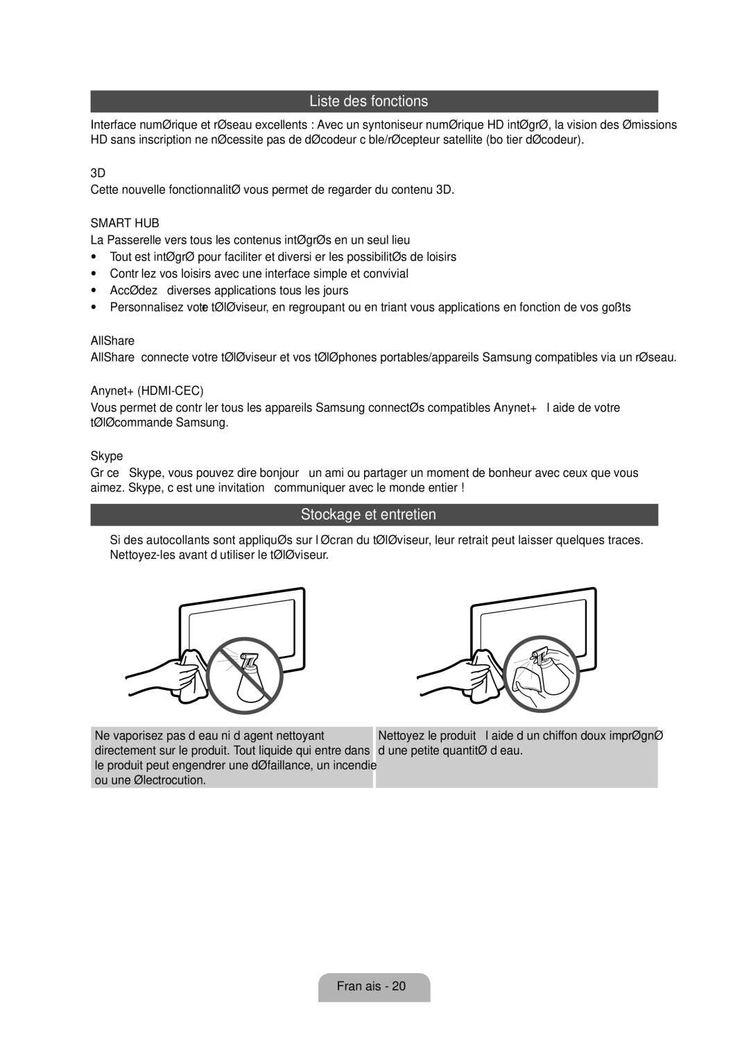 Samsung UE55D7000LSXZF, UE40D7000LSXZF, UE46D7000LSXZF manual Liste des fonctions, Stockage et entretien 