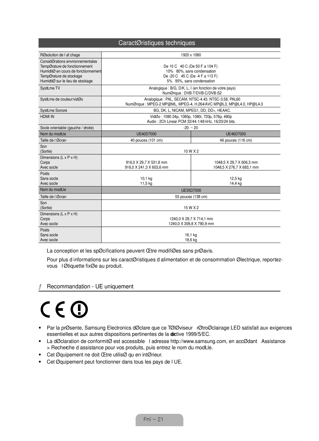 Samsung UE46D7000LSXZF, UE40D7000LSXZF, UE55D7000LSXZF manual Caractéristiques techniques 