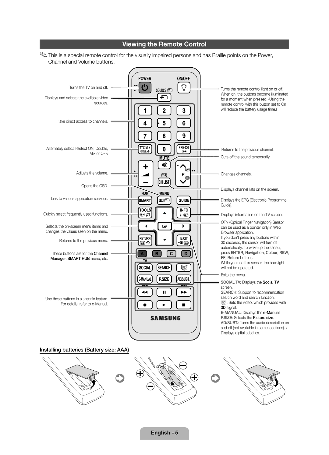 Samsung UE46D7000LSXZF, UE40D7000LSXZF, UE55D7000LSXZF Viewing the Remote Control, Installing batteries Battery size AAA 