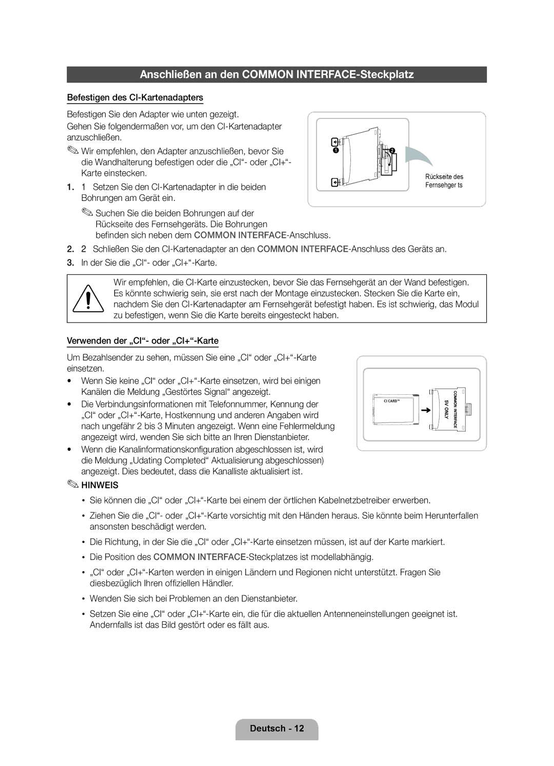 Samsung UE55D7000LSXZF Anschließen an den Common INTERFACE-Steckplatz, Befinden sich neben dem Common INTERFACE-Anschluss 